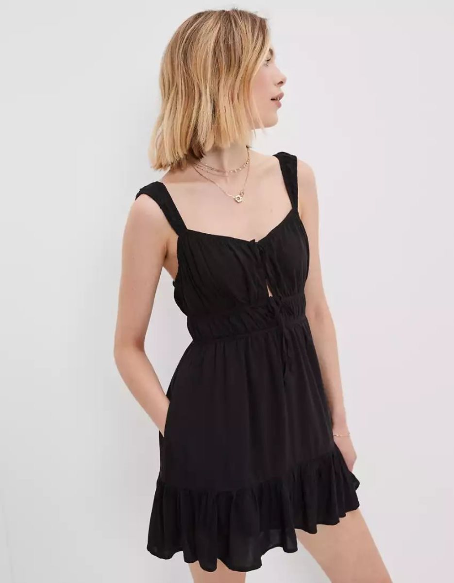 Mini Robe American Eagle AE Silky Tie-Front Noir Femme | SMC-79083265